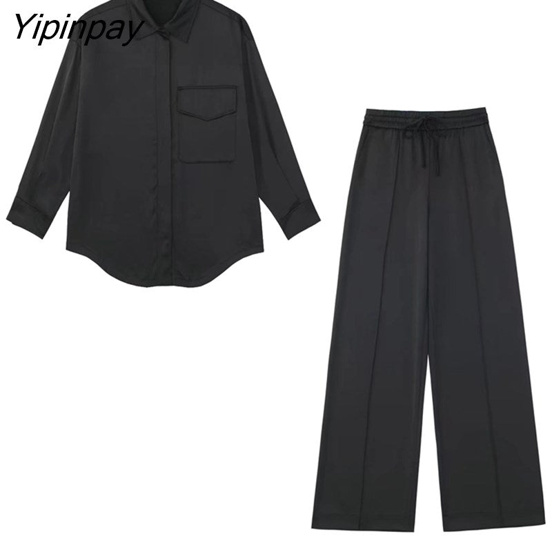 Yipinpay 2023 Spring Autumn Women Black Blouse Suit Oversized Fashion Single Breasted Pocket Top 2 Pcs Wide Leg Pants Street Outwear