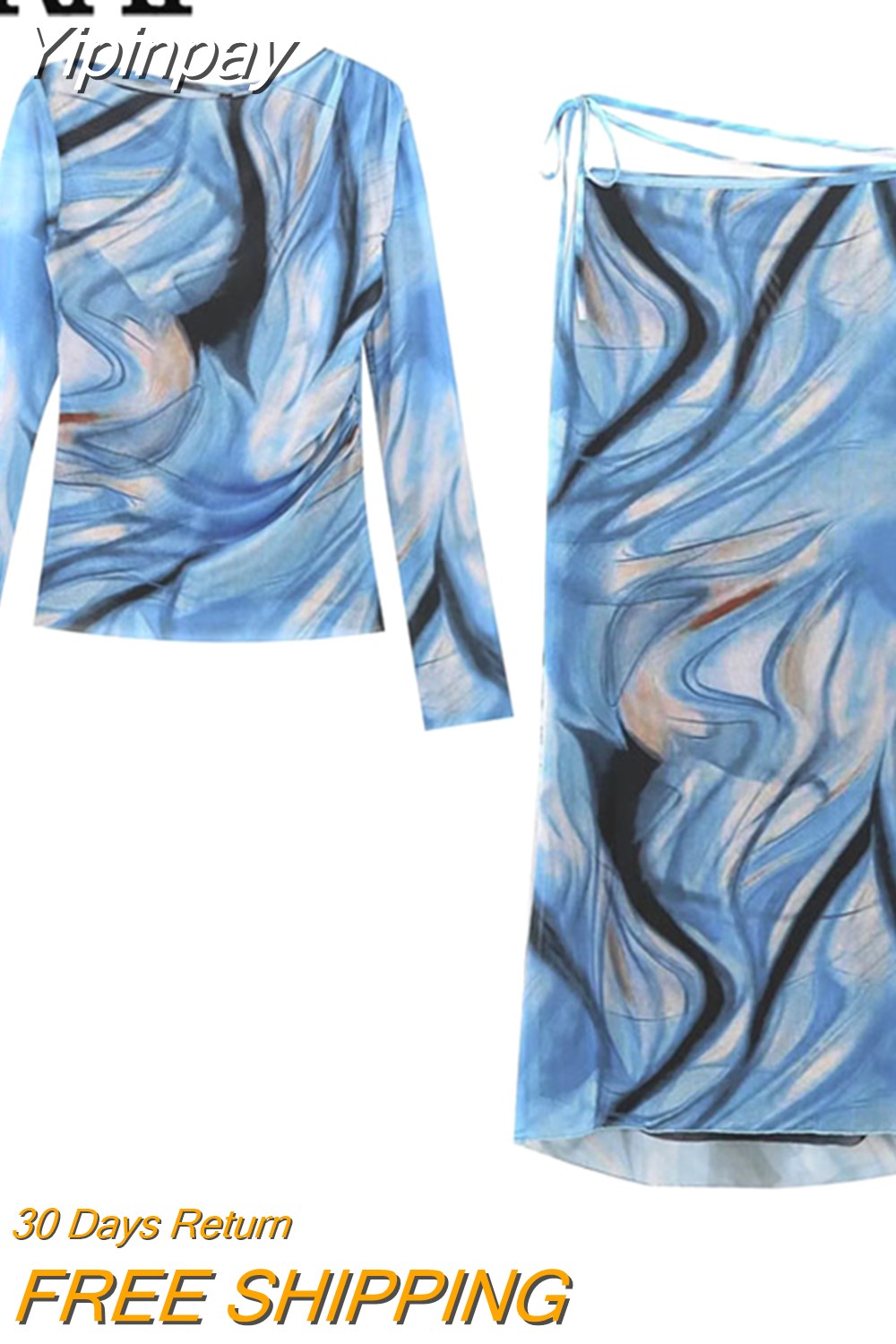 Yipinpay 2023 Blue Print Mesh Top Female Vintage Tulle Crop Top Women Ruched Chic Woman Blouse Long Sleeve Elegant Women's Blouses