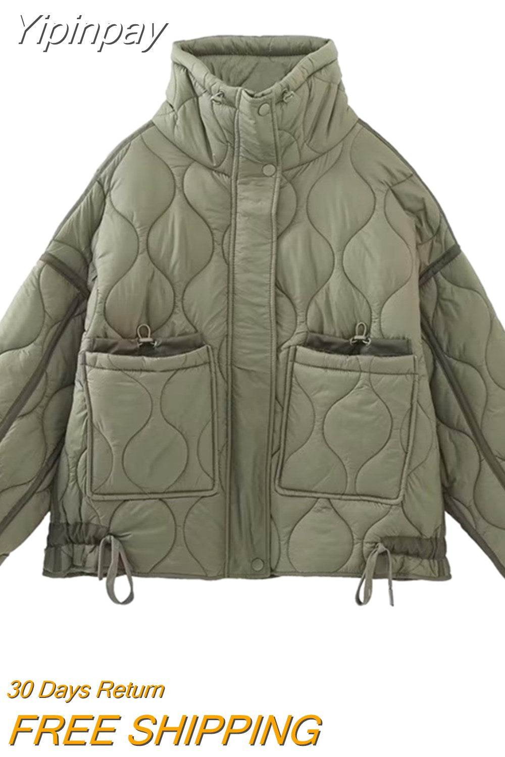 Yipinpay TRAF Fashion Quilted Coat for Women 2023 Stand Collar Warm Coats Female Front Zipper Long Sleeve Jacket Ladies Outerwear