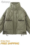 Yipinpay TRAF Fashion Quilted Coat for Women 2023 Stand Collar Warm Coats Female Front Zipper Long Sleeve Jacket Ladies Outerwear