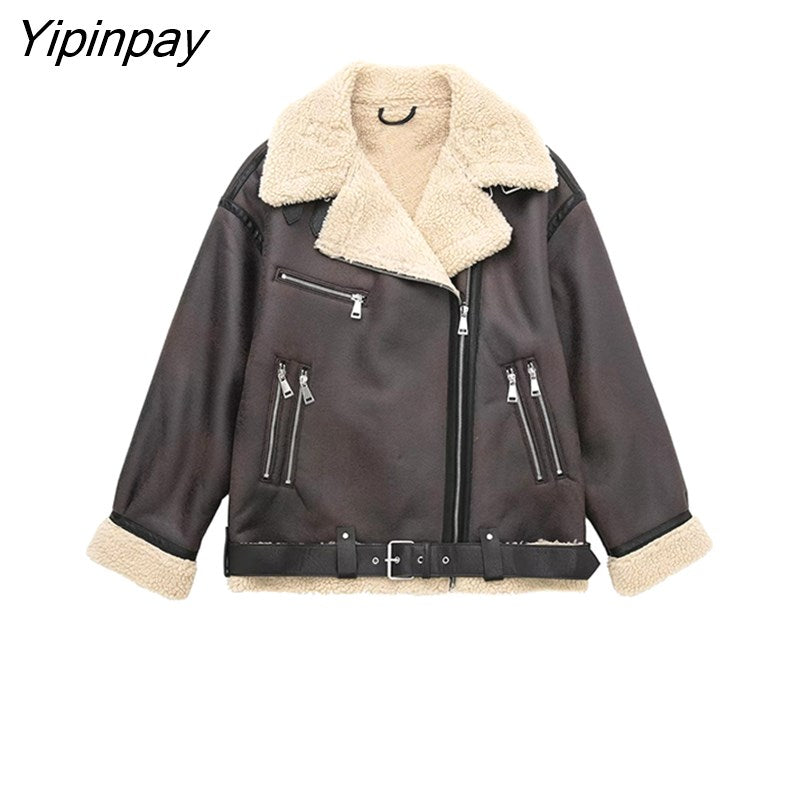 Yipinpay Winter Female Thicken Patchwork Jackets 2023 Fleece Warm Long Sleeve Zipper Coats Loose Vintage Female Waistcoat Chic Tops