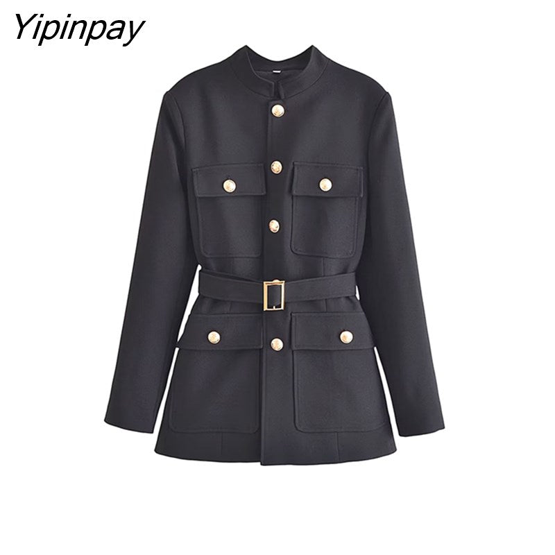 Yipinpay Women Single Breasted Blazer Coat With Belt 2023 Autumn Vintage Long Sleeve Flap Pockets Female Outerwear Chic Vestes Femme
