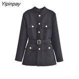 Yipinpay Women Single Breasted Blazer Coat With Belt 2023 Autumn Vintage Long Sleeve Flap Pockets Female Outerwear Chic Vestes Femme