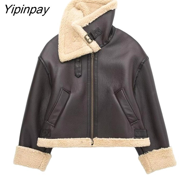 Yipinpay Women Winter Faux Fur Fleece Coat 2023 Fashion Thicken Fur All-in-One Zip Overcoat Locomotive Lapel Warm Outwear
