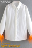 Yipinpay White Shirt Woman Long Sleeve Green Feather Top Party Elegant Female Blouses Fashion Collared Button Up Women Shirt