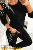 Yipinpay Women's Casual 2 Piece Outfits Hollow Out Design Beading Decor O-Neck Long/Short Sleeve Solid Top+Drawstring Slim Pencil Pants