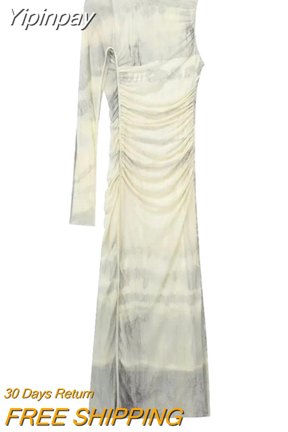 Yipinpay 2023 Printed Tulle Long Dress Women Off Shoulder Mesh Dress Woman Semi Sheer Long Sleeve Dresses Asymmetric Midi Dresses