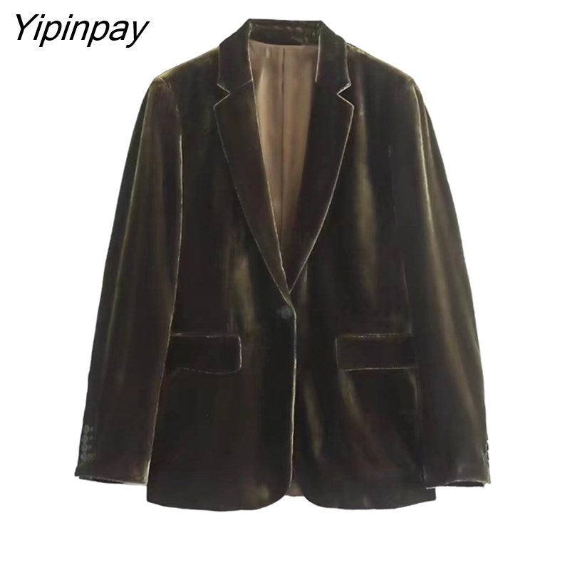 Yipinpay Simple Women Autumn Velvet Blazer Jackets Pants Set 2023 Office Single Button Coat Female Oversize Clothes Outerwear