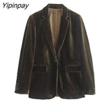 Yipinpay Simple Women Autumn Velvet Blazer Jackets Pants Set 2023 Office Single Button Coat Female Oversize Clothes Outerwear