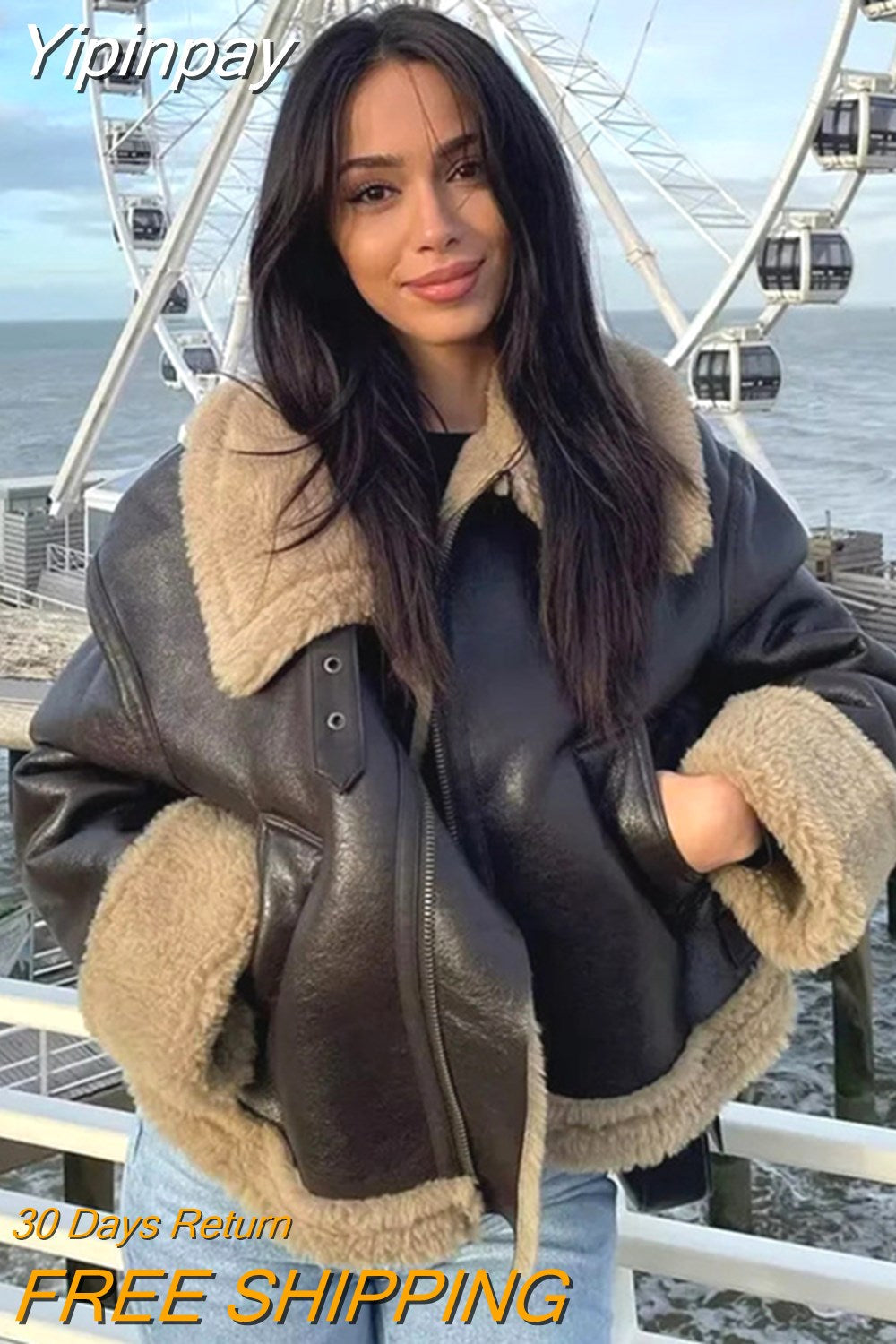 Yipinpay Brown Fleece Jacket Women Double Faced Cropped Jacket Autumn Zip Up Short Jacket Female Very Warm Woman Winter Coat 2023