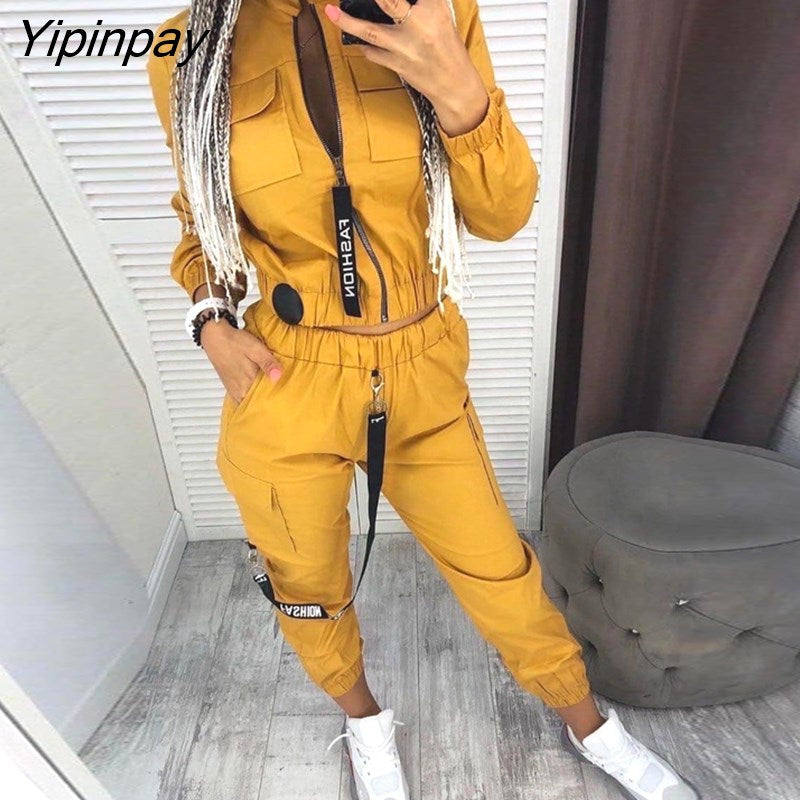 Yipinpay Women Soild Pockets Zipper Design Ruched Coat & Cargo Pants Sets Casual Women Sets