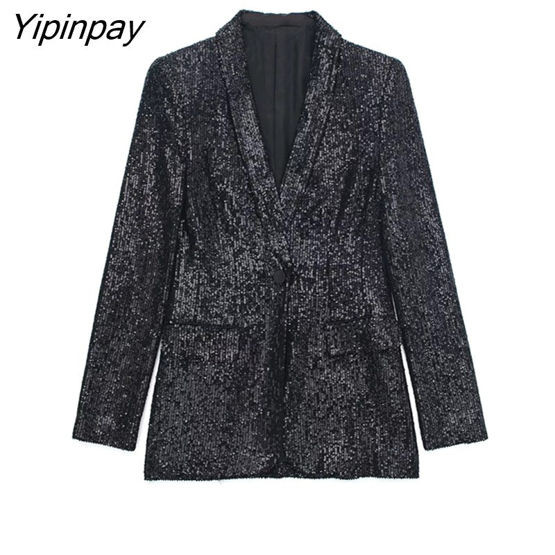 Yipinpay Women Beading Blazer Jackets 2023 Autumn Winter Notched Office Outfits Pockets Coats Single Button Long Sleeve Chic Outwear