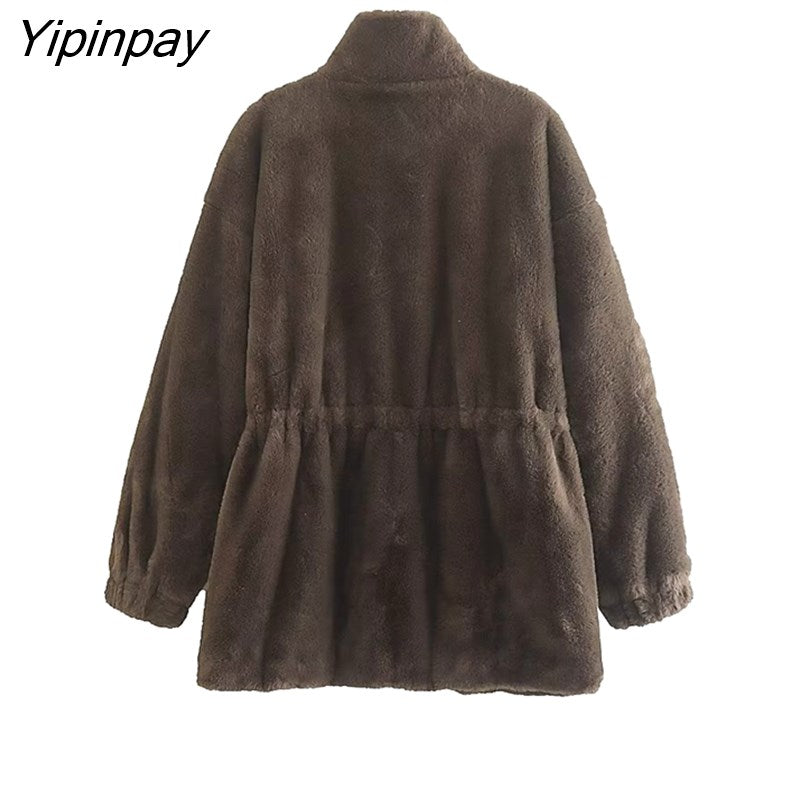 Yipinpay 2023 Women Winter Thicken Faux Fur Coat Zipper Cardigan Loose Jacket Solid Stand Collar Sweat-shirt Outwear Overcoat