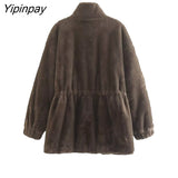 Yipinpay 2023 Women Winter Thicken Faux Fur Coat Zipper Cardigan Loose Jacket Solid Stand Collar Sweat-shirt Outwear Overcoat