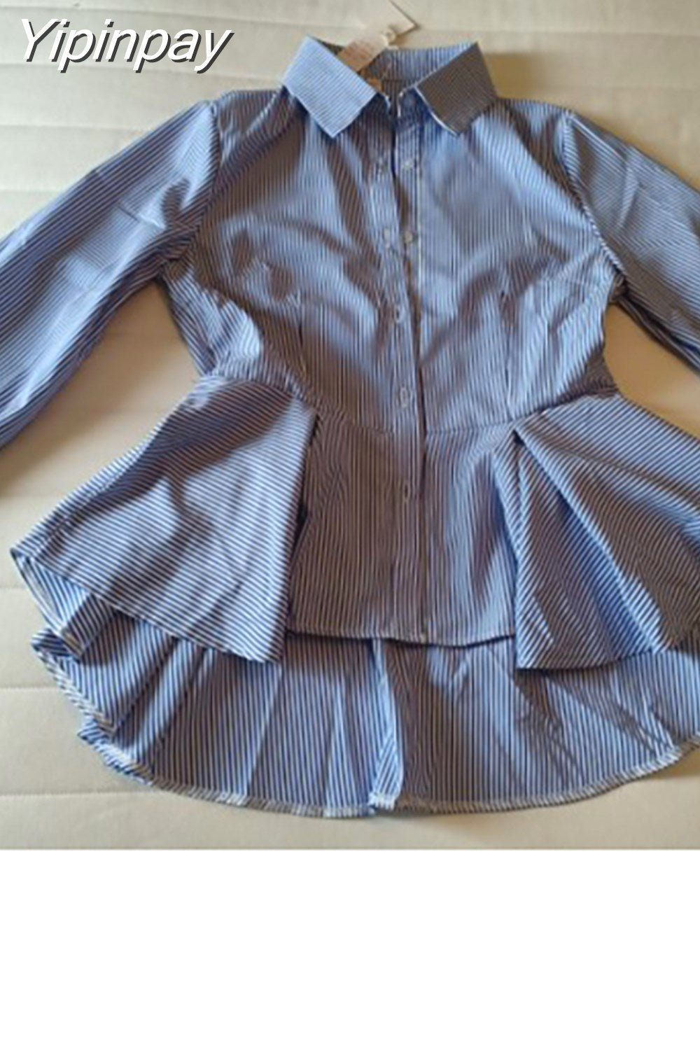 Yipinpay Patchwork Shirt Womens Tops Office Blouse Fake Collar ladies Blue Stripe Slim Casual Autumn Warm Shirts Long Sleeve 2PC