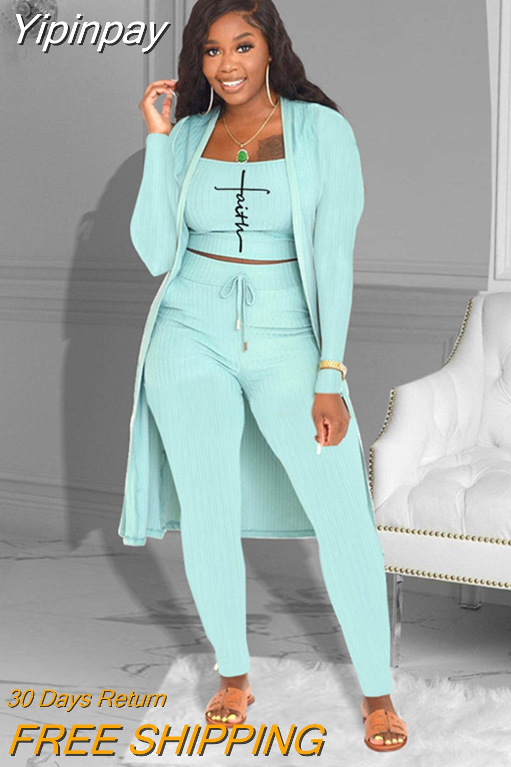 Yipinpay Letter Print Ribbed Top & Pants Set With Coat 2023 new female fashion suit outfits