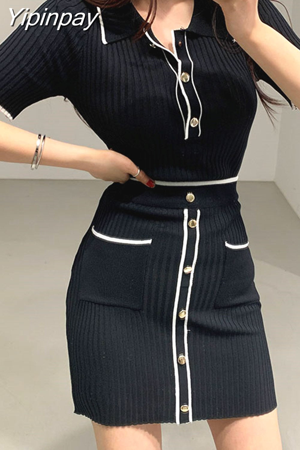 Yipinpay 2-piece set Button pocket pullover top short sleeve + mini skirts suit summer elegant casual ladies new 2023 Korea Two