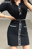Yipinpay 2-piece set Button pocket pullover top short sleeve + mini skirts suit summer elegant casual ladies new 2023 Korea Two