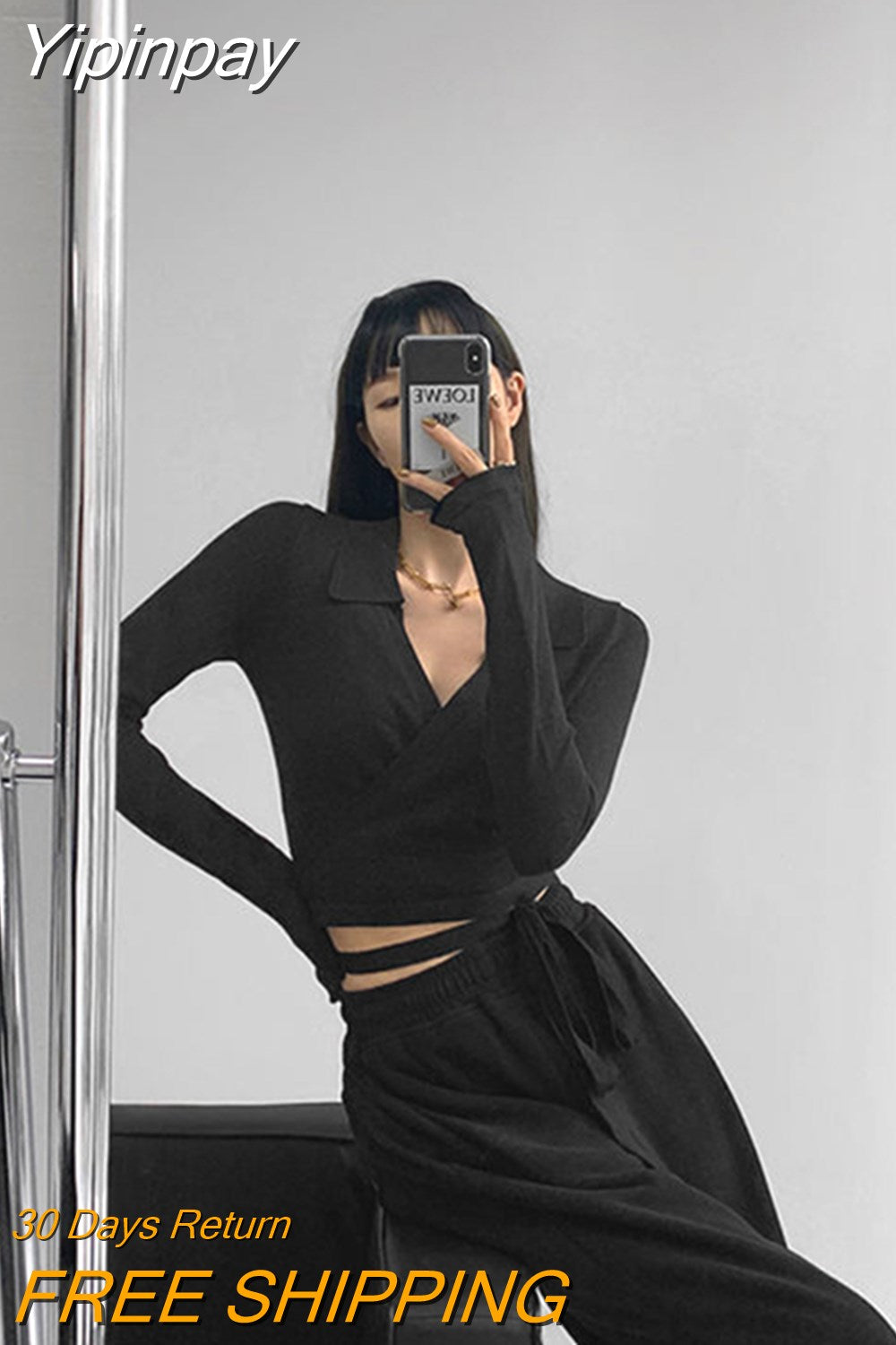 Yipinpay Waist Cross Bandage Polo Shirt Women Y2K Tops Fashion Fitness V-neck T-shirts Woman 2023 Spring Autumn