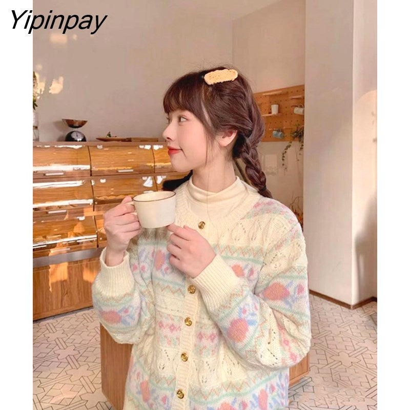 Yipinpay New Spring Women Cardigans Loose Hollow out Sweet Japan style Knitted Cotton coat Floral embroidery female Cardigans