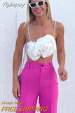 Yipinpay Raised Floral Crop Top Women White Tank Top Woman Party Off Shoulder Sexy Tops Y2k Cropped Blouse Sleeveless Summer Tops