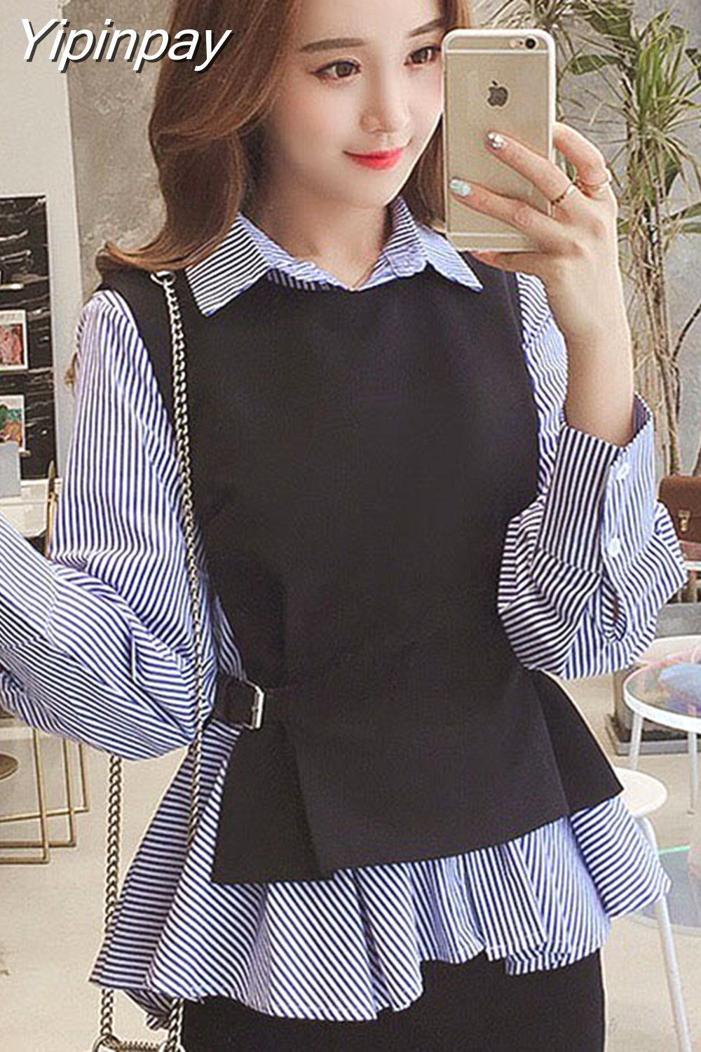 Yipinpay Patchwork Shirt Womens Tops Office Blouse Fake Collar ladies Blue Stripe Slim Casual Autumn Warm Shirts Long Sleeve 2PC
