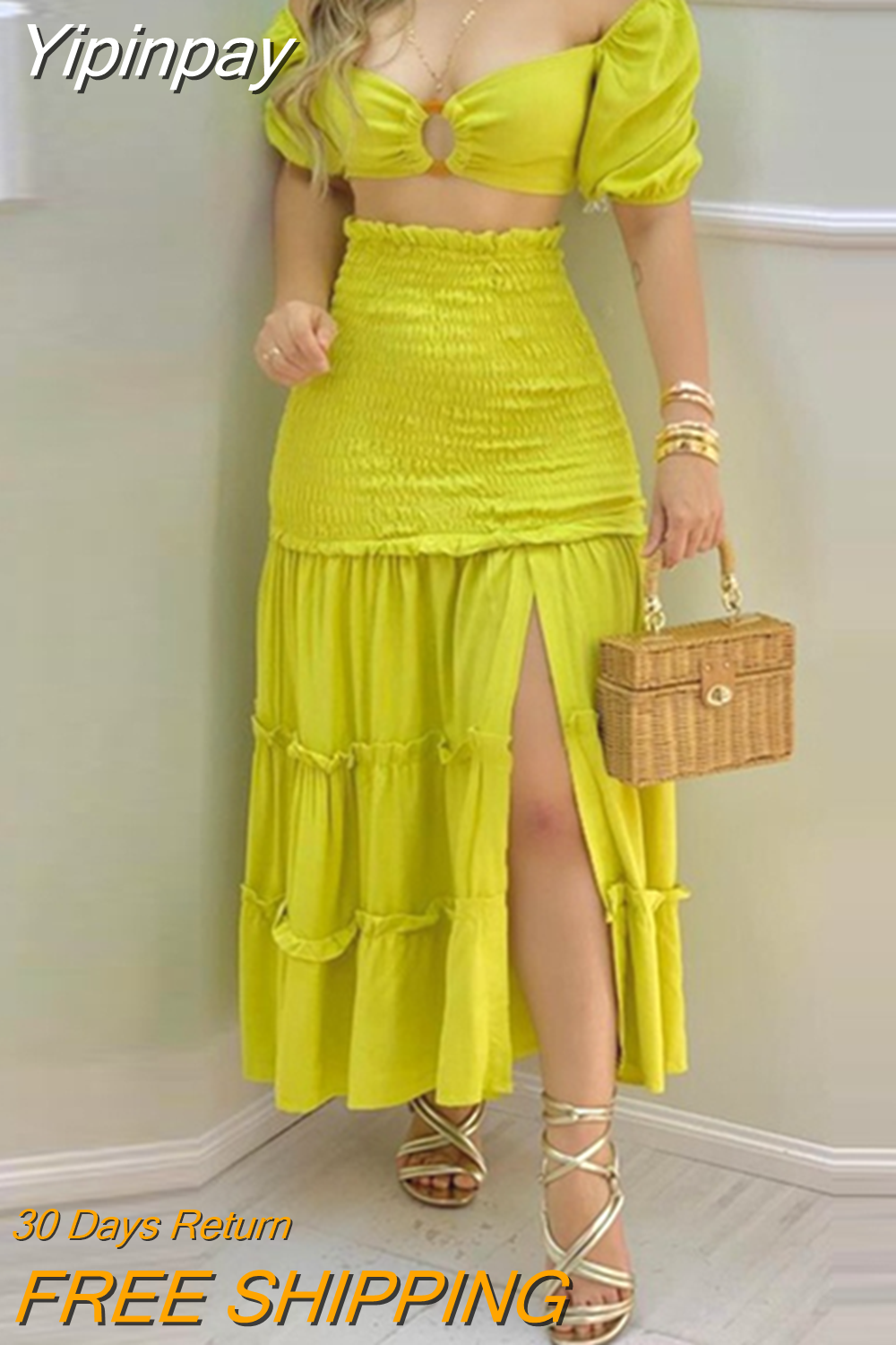 Yipinpay Fashion Holiday Floral Print O Neck Crop Top Shirr +Slit High Waist Women Maxi Skirt Sets 2023 Female Fashion New