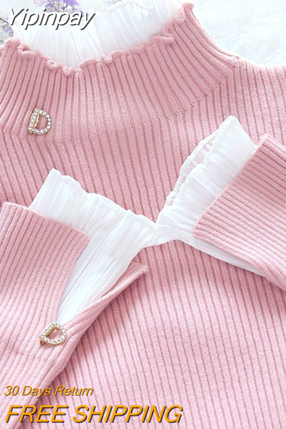 Yipinpay bottoming sweater fake two-piece pullover lace lotus leaf fungus edge collar top female autumn summer new bell sleeves