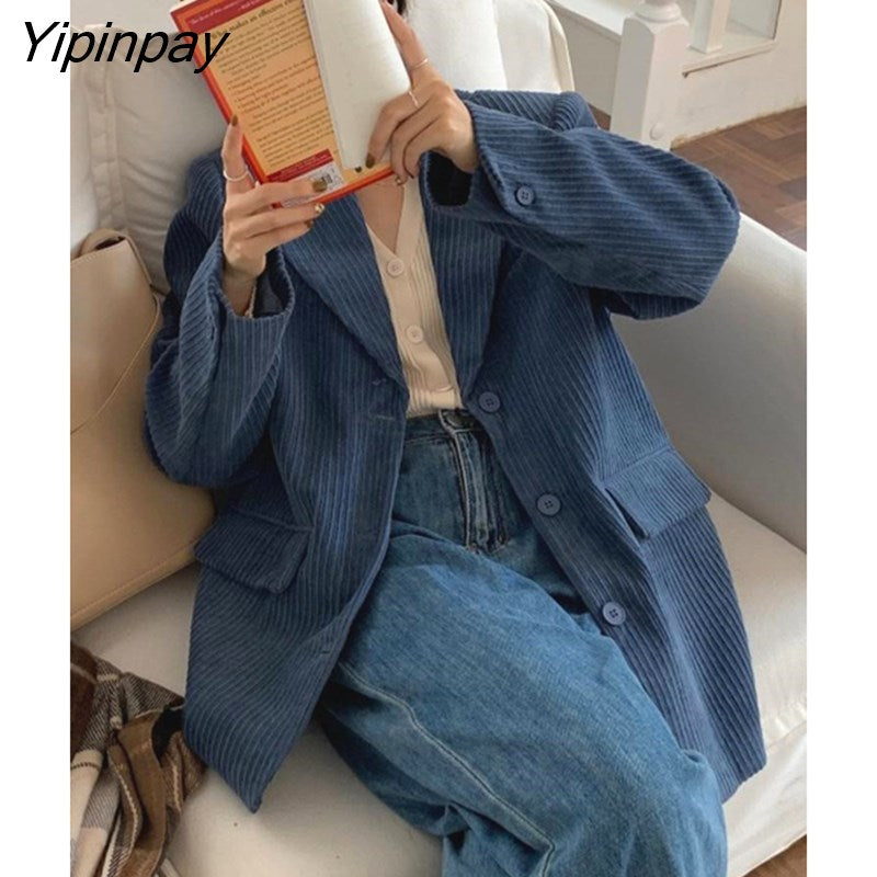 Yipinpay Casual Cordury Suit Women Winter Oversized Single Breasted Blazer Classic Office Coat Ladies Jancket Female Outwear