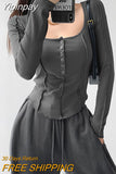 Yipinpay y2k Women T-shirt New Slim Single Breasted Long Sleeve Tees Patchwork Square Neck Cropped Tops Female
