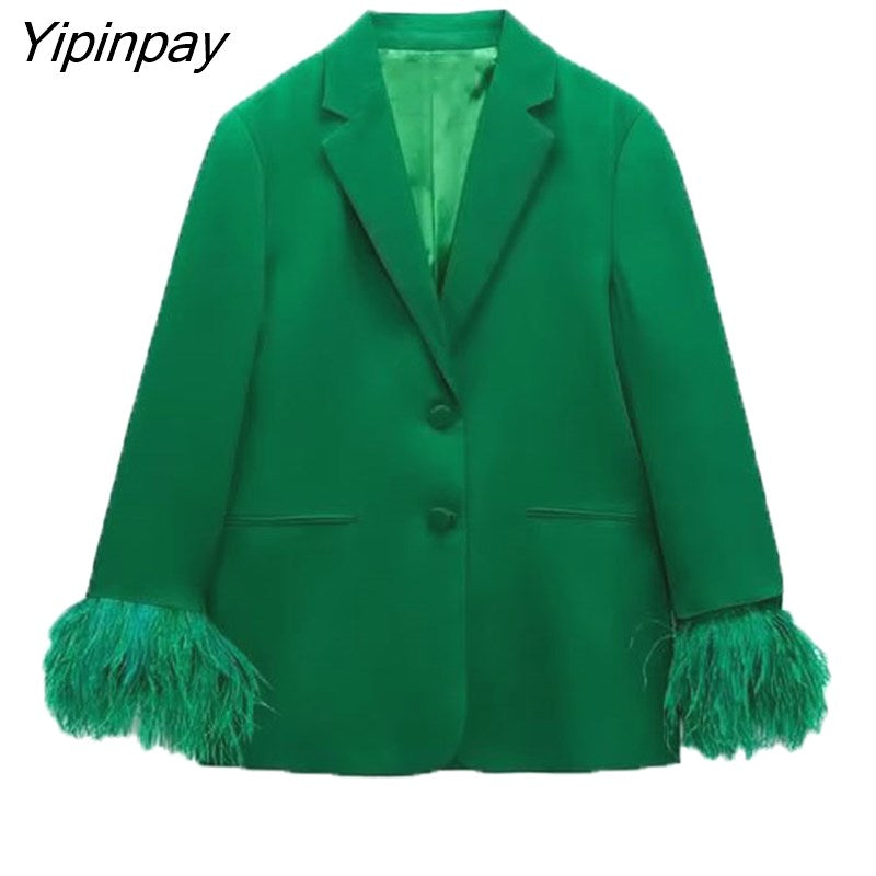 Yipinpay 2Pcs Spring Autumn Women Solid Blazer Suit 2023 Feather Office Outfits Elegant Jackets Coats Long Trousers Basic Outwear