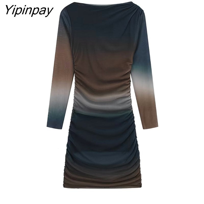 Yipinpay 2023 New Fashion Tulle Dresses Spring Summer O-neck Slim Party Sexy Vestidos Long Sleeve Back Zipper Mini Dresses