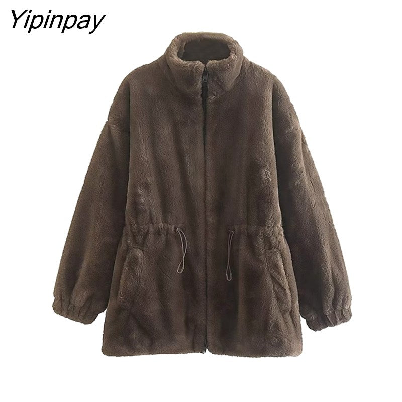 Yipinpay 2023 Women Winter Thicken Faux Fur Coat Zipper Cardigan Loose Jacket Solid Stand Collar Sweat-shirt Outwear Overcoat