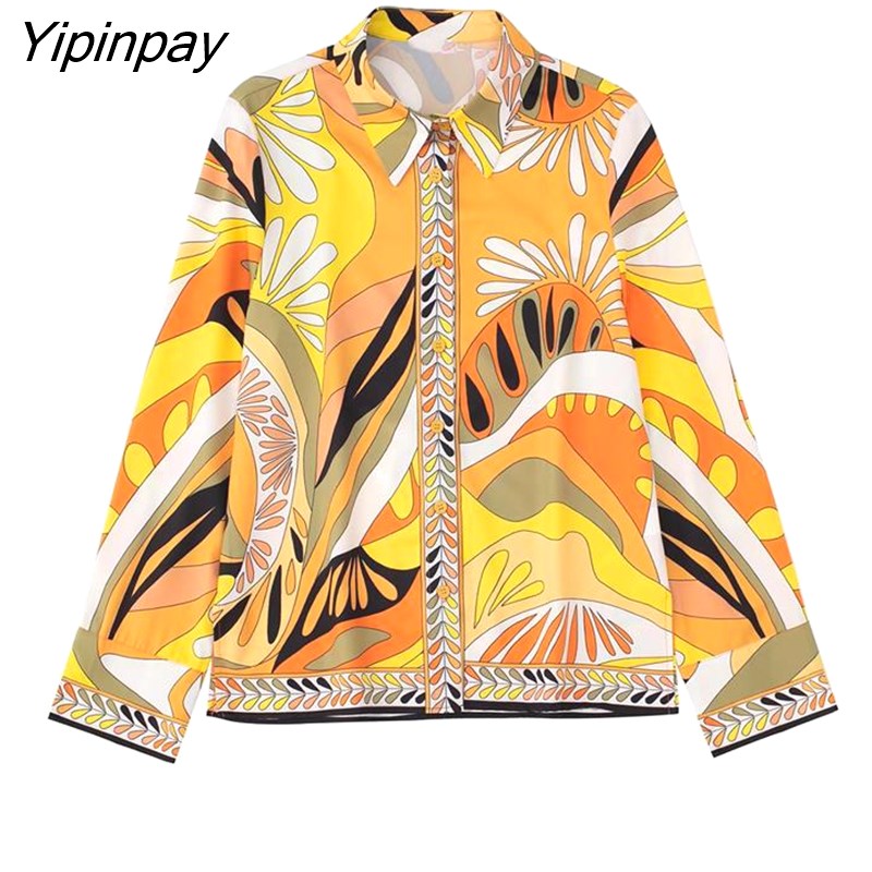 Yipinpay 2023 Print Shirt Women Vintage Long Sleeve Top Female Fashion Streetwear Collared Shirt Woman Summer Elegant Blouses