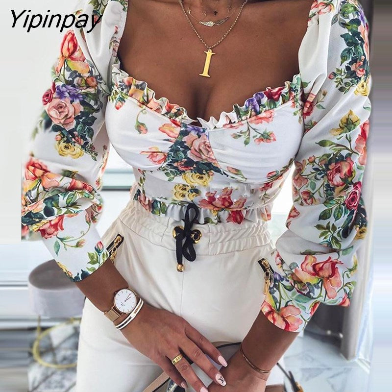 Yipinpay Sleeve Square Neck Floral Print Top Women Plus Size Tops Spring Tops and Blouses