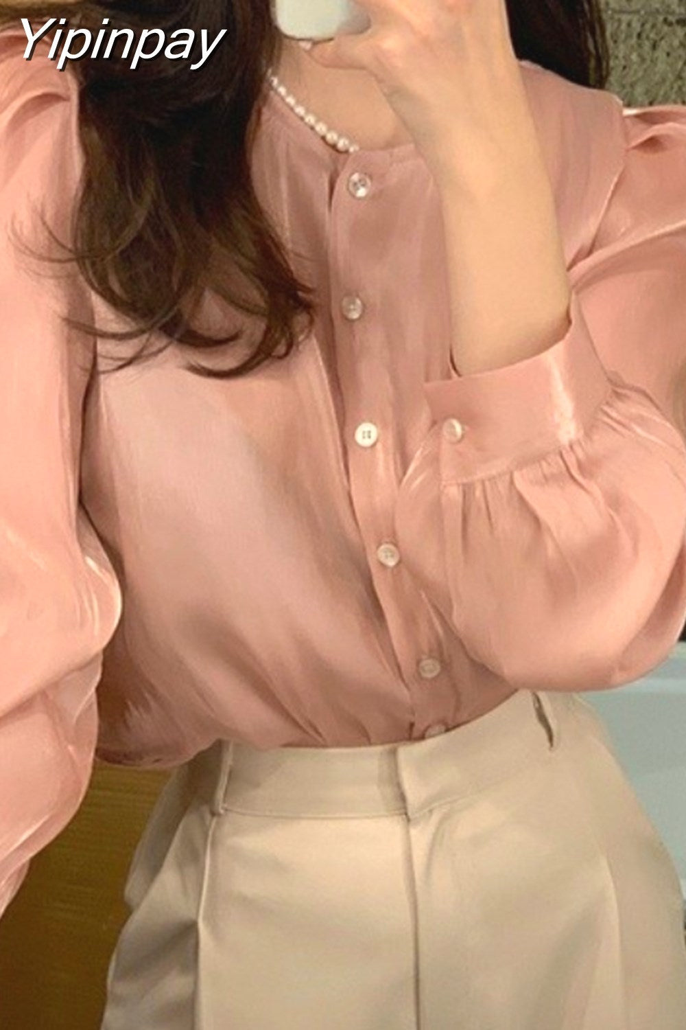 Yipinpay Button Puff Sleeve Shirt O-Neck Pink Pearly Silky 2023 Spring Shirt Summer Korean Women's Top
