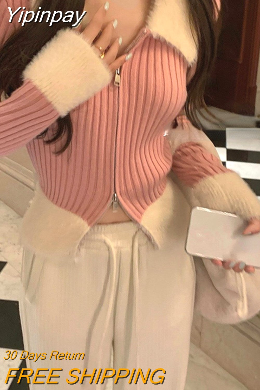 Yipinpay Winter Zipper Design Knitted Sweater Woman Casual Elegant Y2k Crop Tops Office Lady Slim Korean Style Pullover Female Chic