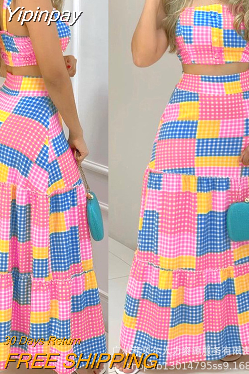 Yipinpay Fashion Holiday Floral Print O Neck Crop Top Shirr +Slit High Waist Women Maxi Skirt Sets 2023 Female Fashion New