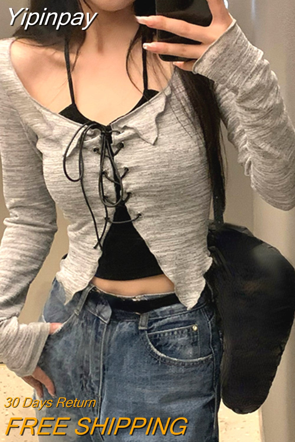 Yipinpay Summer Korean Fashion Suit 2 Piece Set Casual Strap Black Camis + Long Sleeve Knitted Crop Tops Thin Pure Color Blouse Chic