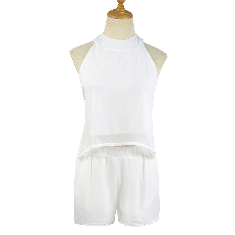 Yipinpay Women's Fashion Sexy Hanging Neck Sports Chiffon Shirt Two-Piece Set Of Casual Shorts