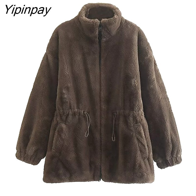 Yipinpay 2023 Women Winter Thicken Faux Fur Coat Zipper Cardigan Loose Jacket Solid Stand Collar Sweat-shirt Outwear Overcoat