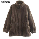 Yipinpay 2023 Women Winter Thicken Faux Fur Coat Zipper Cardigan Loose Jacket Solid Stand Collar Sweat-shirt Outwear Overcoat