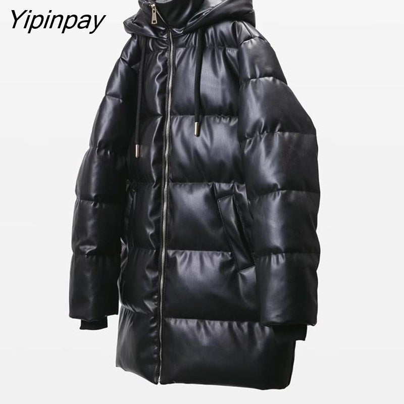 Yipinpay Winter Women's Leather Cotton Coat 2023 Ladies Fashion Thicken Warm Hooded Parkas Casual Cold Street Zipper Outwear