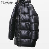 Yipinpay Winter Women's Leather Cotton Coat 2023 Ladies Fashion Thicken Warm Hooded Parkas Casual Cold Street Zipper Outwear