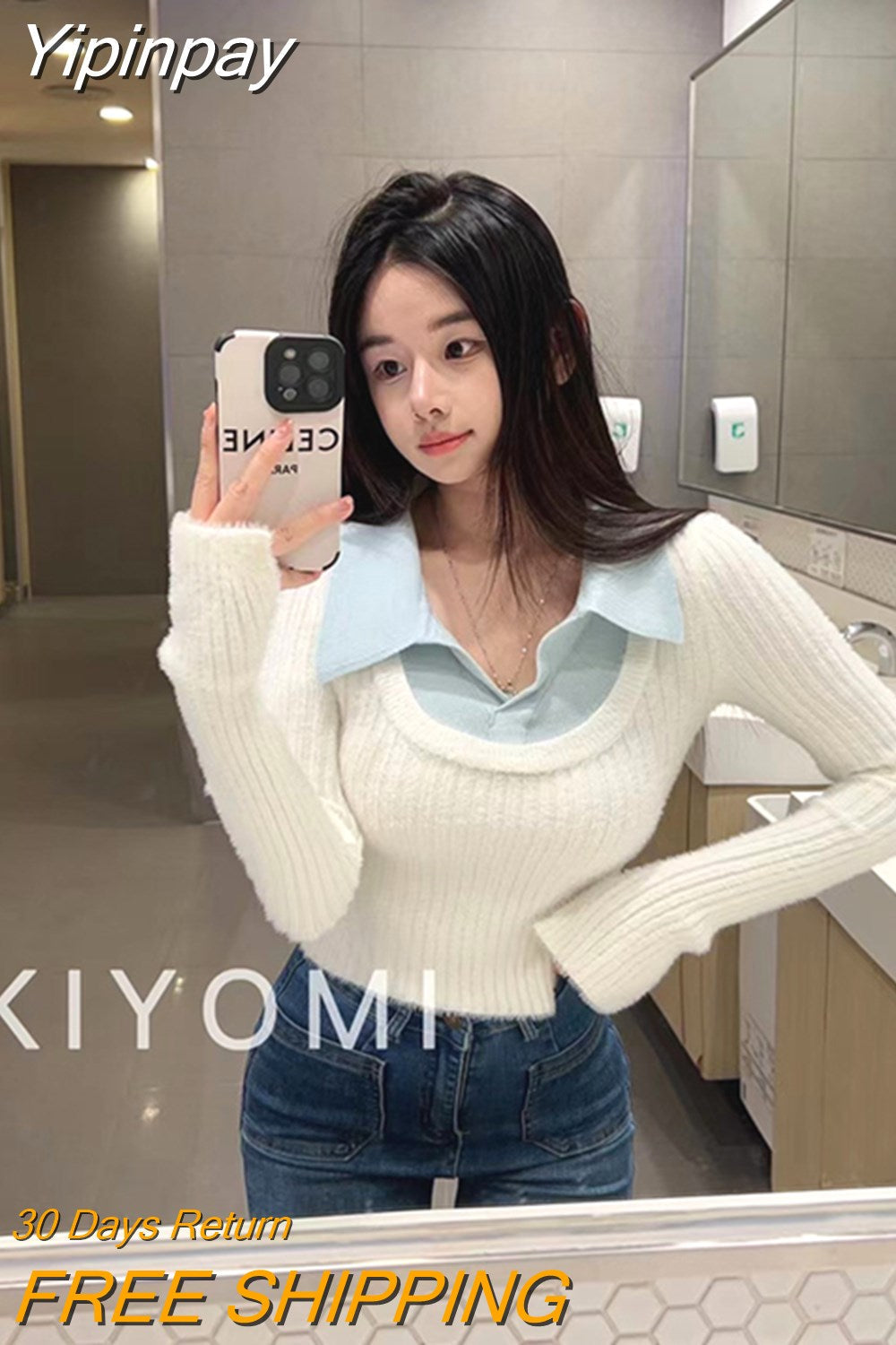 Yipinpay Winter Fake Two Clothing Slim Knitted Sweater Woman Casual Y2k Crop Tops Korean Fashion Pure Color Pullover Office Lady