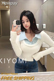 Yipinpay Winter Fake Two Clothing Slim Knitted Sweater Woman Casual Y2k Crop Tops Korean Fashion Pure Color Pullover Office Lady