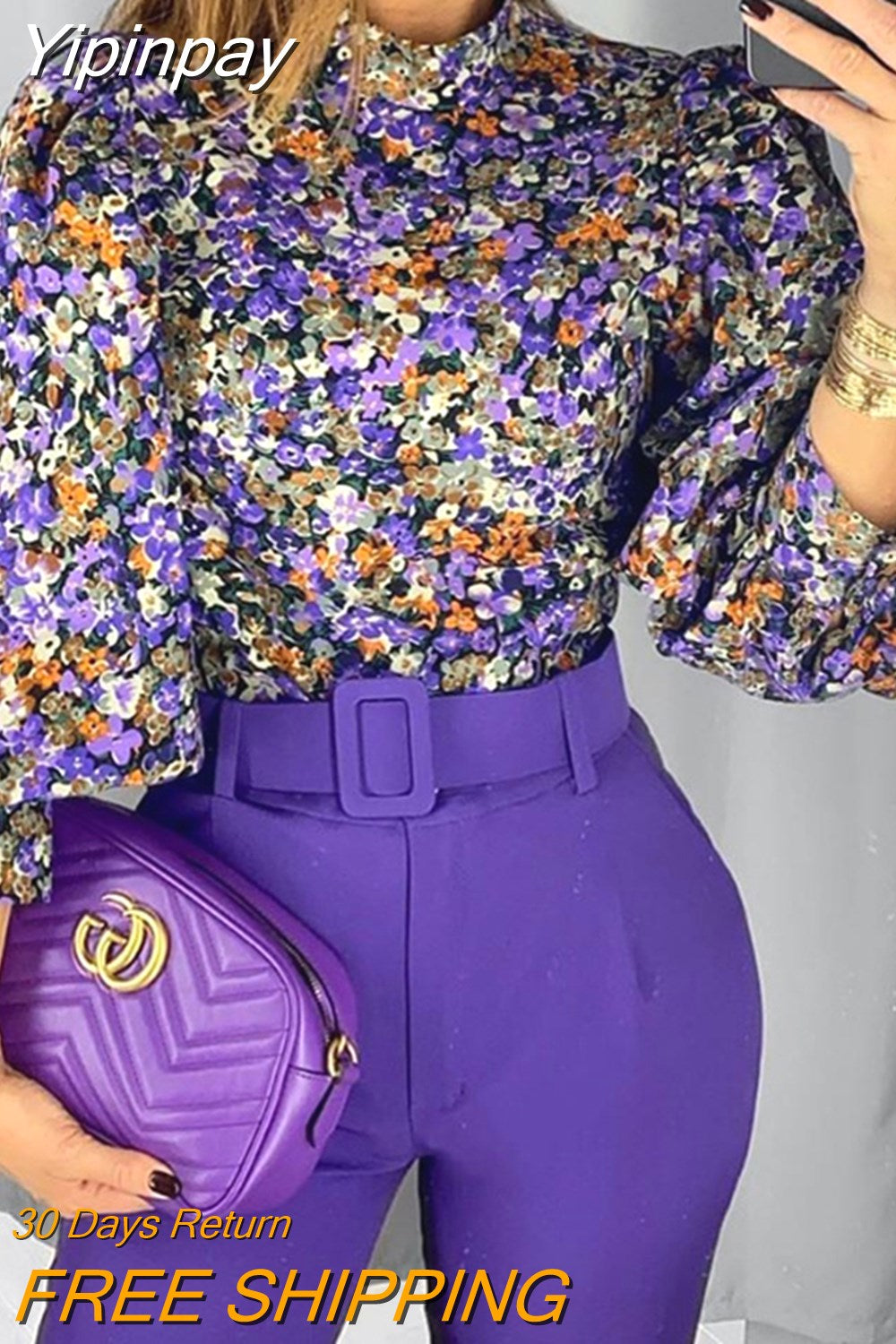 Yipinpay Print Lantern Sleeve Top Womens Tops and Blouses