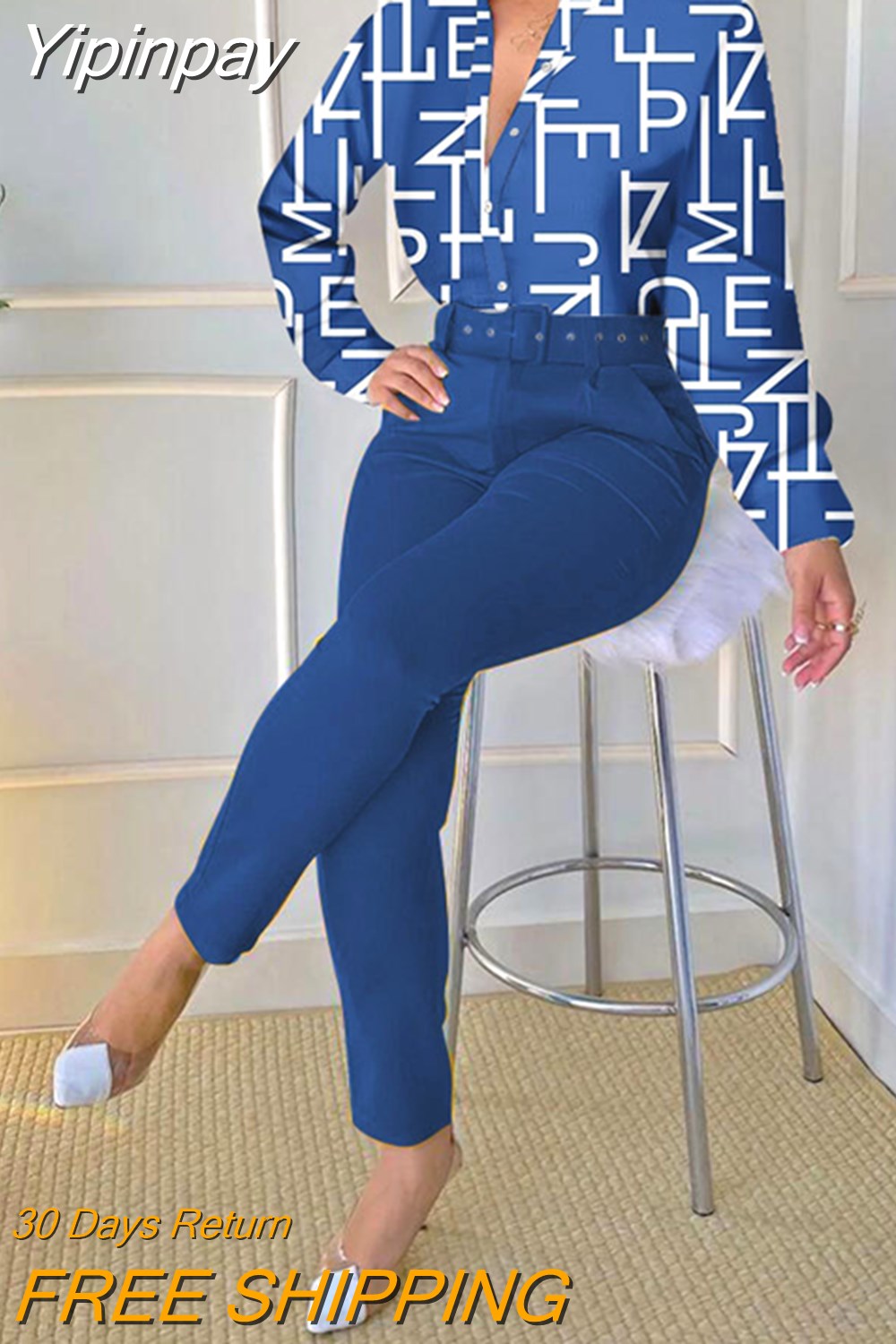 Yipinpay Two Piece Sets Autumn New Women's Fashion Print Stand-Up Collar Long-Sleeved Shirt Top with Belt Solid Color Trousers