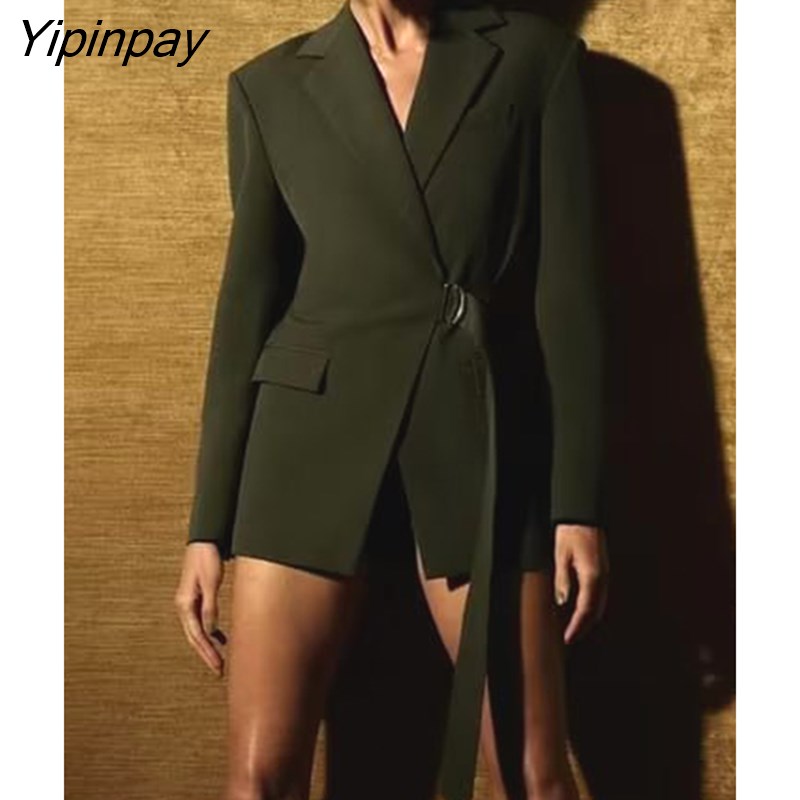 Yipinpay Spring Autumn Women Hollow Out Blazer Coat With Belt Vintage Notched Long Sleeve Jacket Fashion Pockets Outerwear Tops