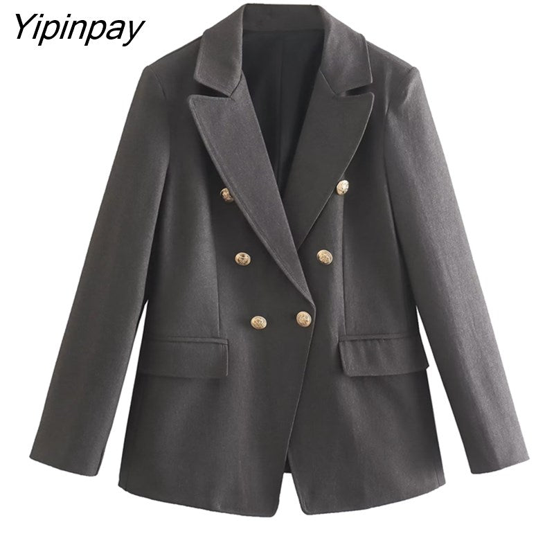 Yipinpay Spring Autumn Women Double Breasted Blazer Coat 2023 Vintage Notched Long Sleeve Jacket Office Lady Pockets Outerwear Tops